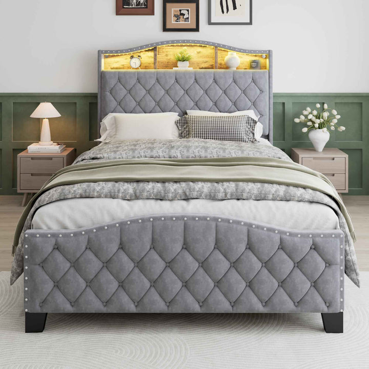 00+Double Upholstered Bed 135x190cm Velvet Grey with Storage, LED Lights, Soft Backrest CONCRETECONSOLE