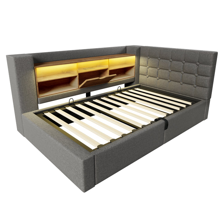 Single Daybed 3ft Grey Linen Upholstered Bed with Hydraulic Storage and LED Lights 90x190cm TRUNKMAX