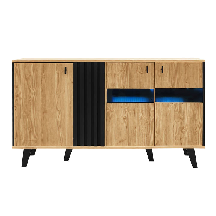 Modern wooden sideboard wood &amp; stripped black with LED lighting APOTHECI