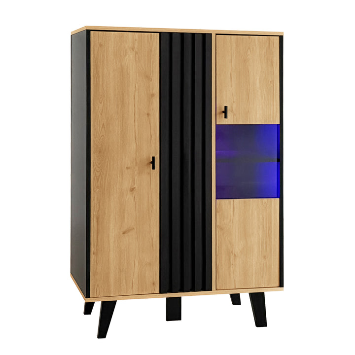 00+Sideboard black & wood with LED lighting and glass doors PROTONEM