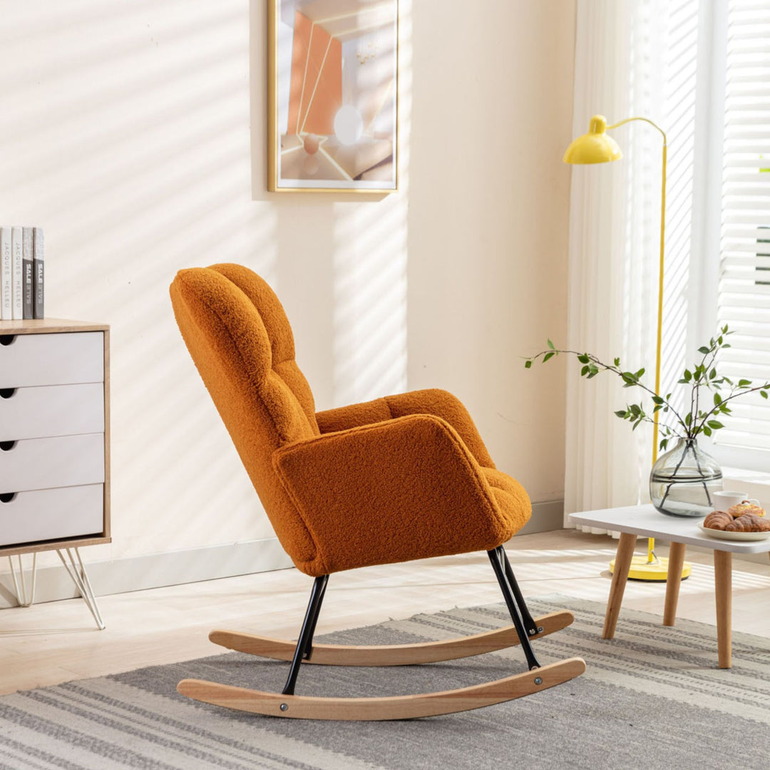 Orange teddy fabric upholstered rocking chair THROKUTS TEDDY CARAMEL UK