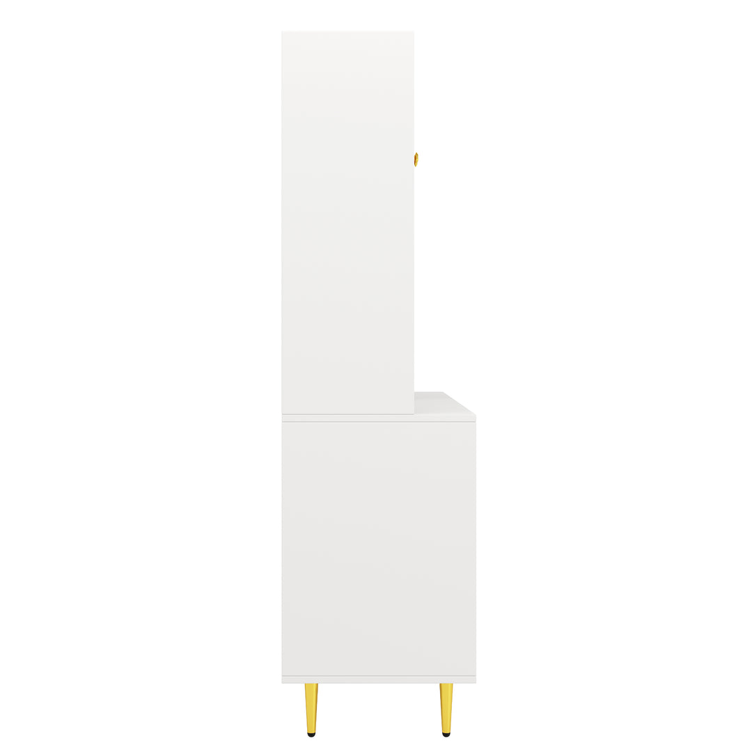 Modern white kitchen cabinet cupboard fluted glass doors, wine rack, and gold accents FROSTGLEN
