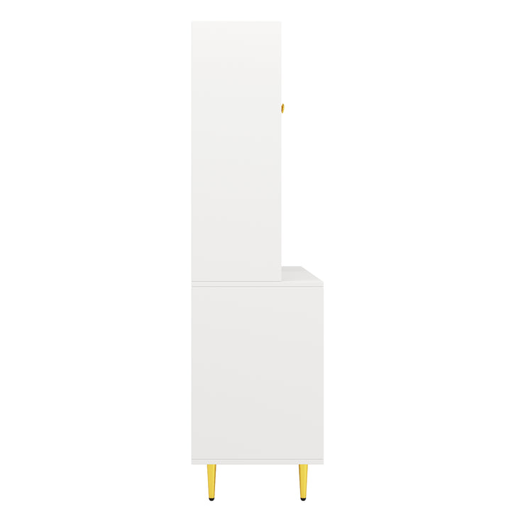 Modern white kitchen cabinet cupboard fluted glass doors, wine rack, and gold accents FROSTGLEN