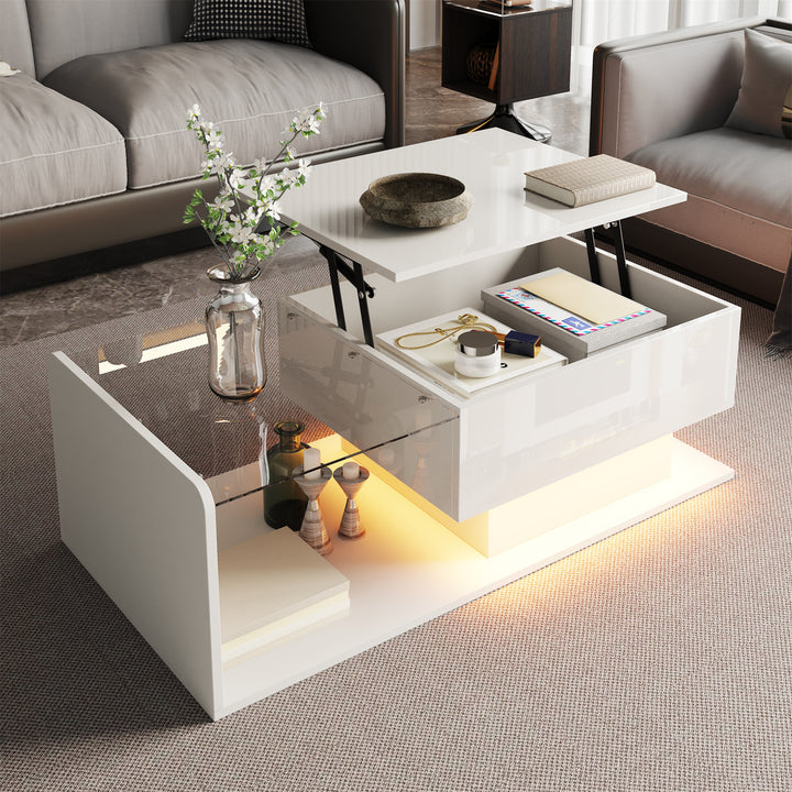White high-gloss rectangular coffee table and LED lighting with glass top LUNG