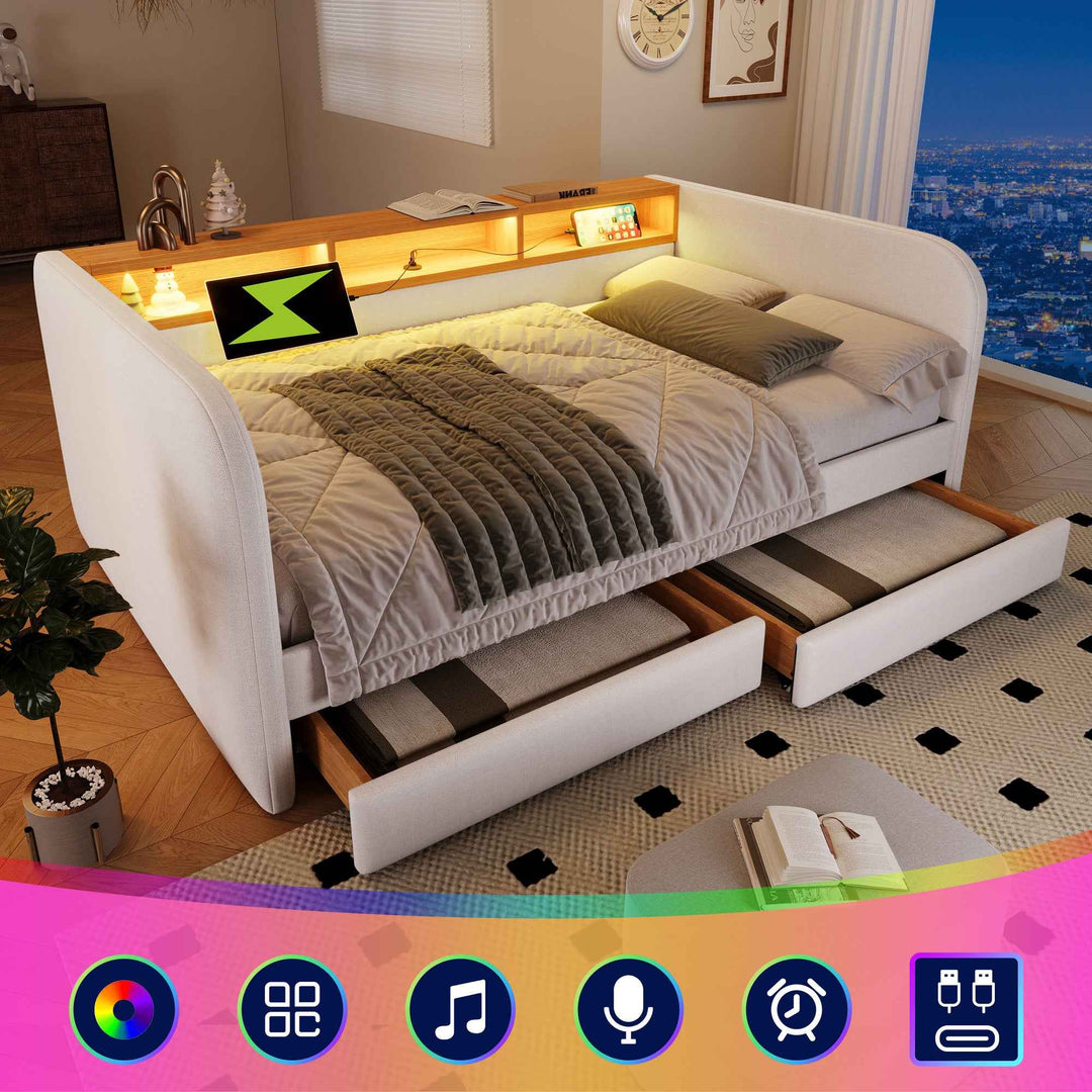 Single Upholstered Daybed 90x190cm with LED Headboard Storage, USB Type-C Charging, 2 Drawers, Linen Beige, Modern Sofa Bed for Bedroom