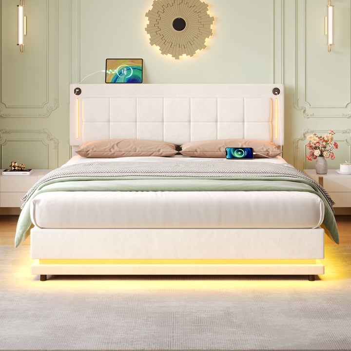 Beige velvet king ottoman end opening bed with LED lighting and charging station (150*200cm) DUSKHAVEN