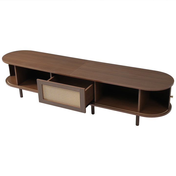 Retro walnut TV stand oval rounded corners 2 slide doors 180×40×40cm SOREN
