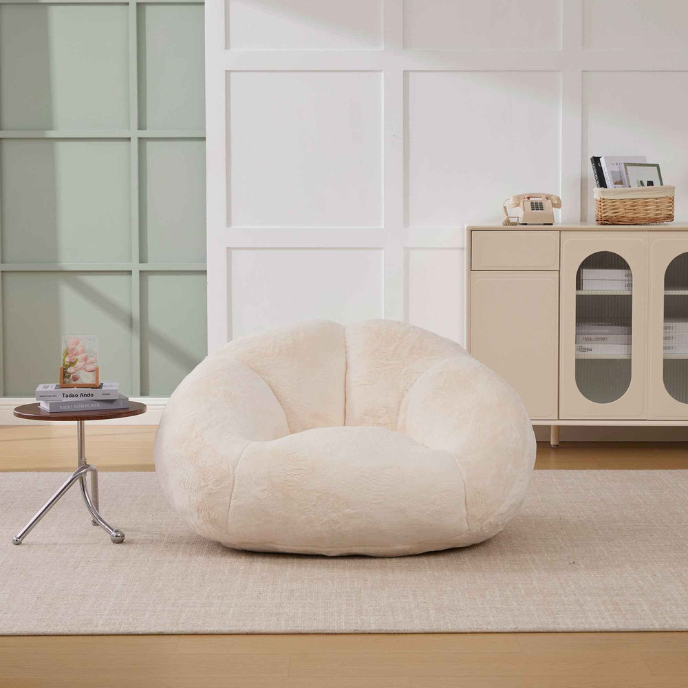 Lazy chair shell shaped sofa beige faux fur, memory foam bean bag chair removable cover