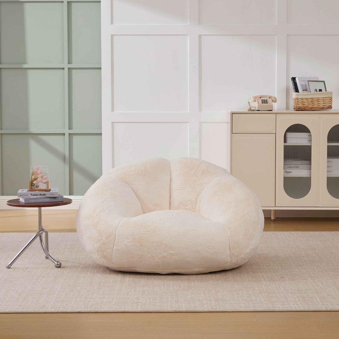 Lazy chair shell shaped sofa beige faux fur, memory foam bean bag chair removable cover