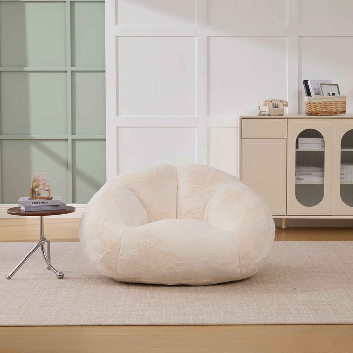 Lazy chair shell shaped sofa beige faux fur, memory foam bean bag chair removable cover
