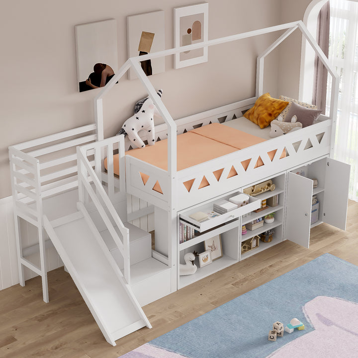 White wooden loft children single bed with slide, stairs, and storage (90x190cm) BLOOMPEAK