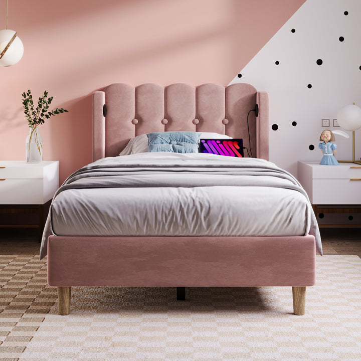 Pink velvet upholstered single divan bed frame with USB charging KRIGIED SINGLE PINK UK
