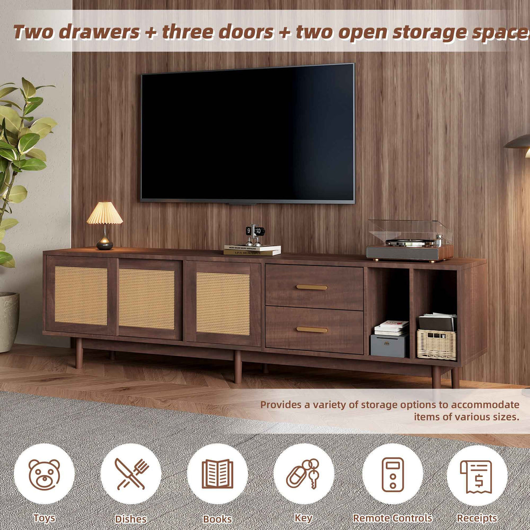 TV stand dark wood vintage look with rattan sliding doors & 2 drawers  INFINITERIF