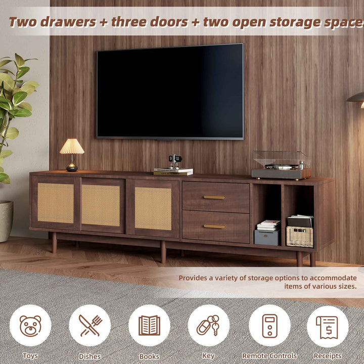 TV stand dark wood vintage look with rattan sliding doors & 2 drawers  INFINITERIF