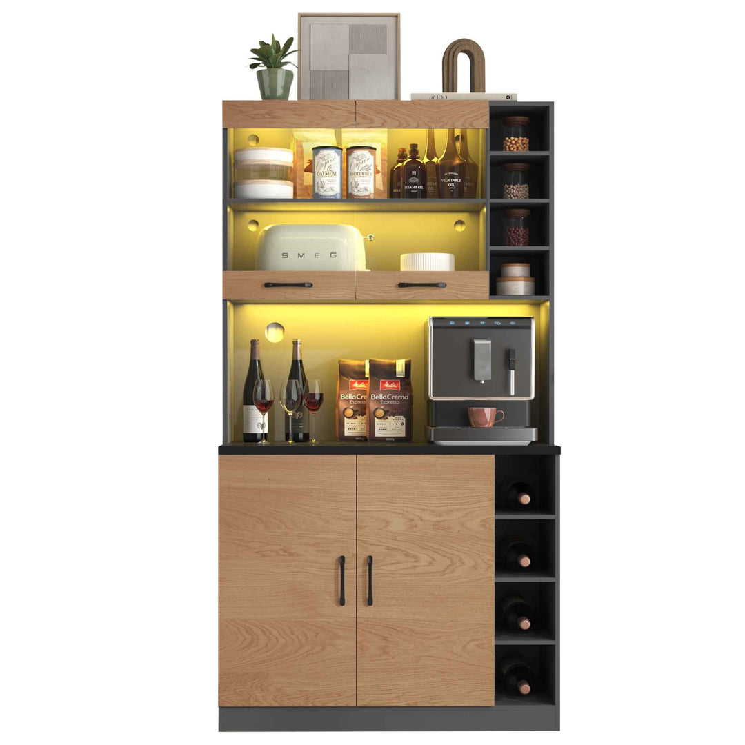 00+Kitchen Tall Cabinet with LED Lighting, Adjustable Shelves, Large Pantry Storage for Microwave VERTEXMORN