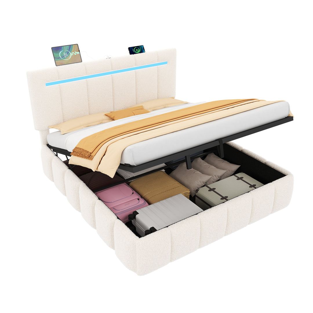 Upholstered beige boucle divan double bed with storage LED lights 135x190cm MAGMASWELL UK