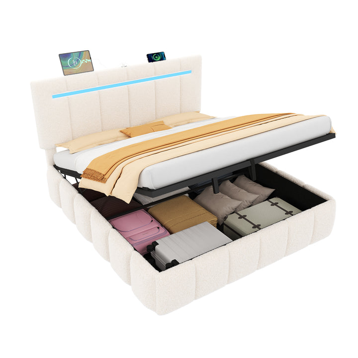 Upholstered beige boucle divan double bed with storage LED lights 135x190cm MAGMASWELL UK