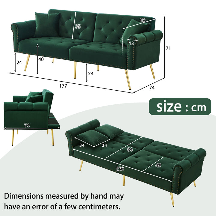Green velvet 2-seater sofa bed with adjustable backrest and gold legs CAKDERA
