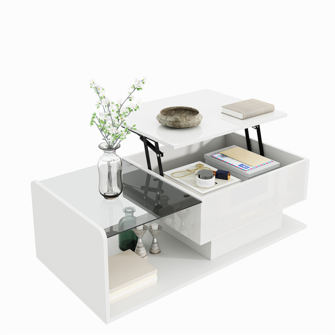 White high-gloss rectangular coffee table and LED lighting with glass top LUNG