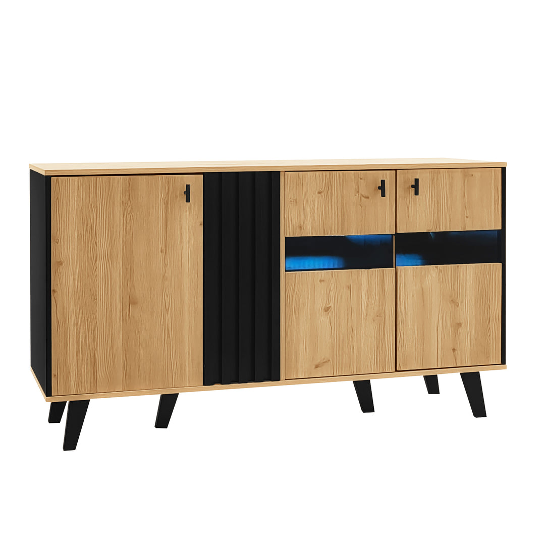 Modern wooden sideboard wood &amp; stripped black with LED lighting APOTHECI