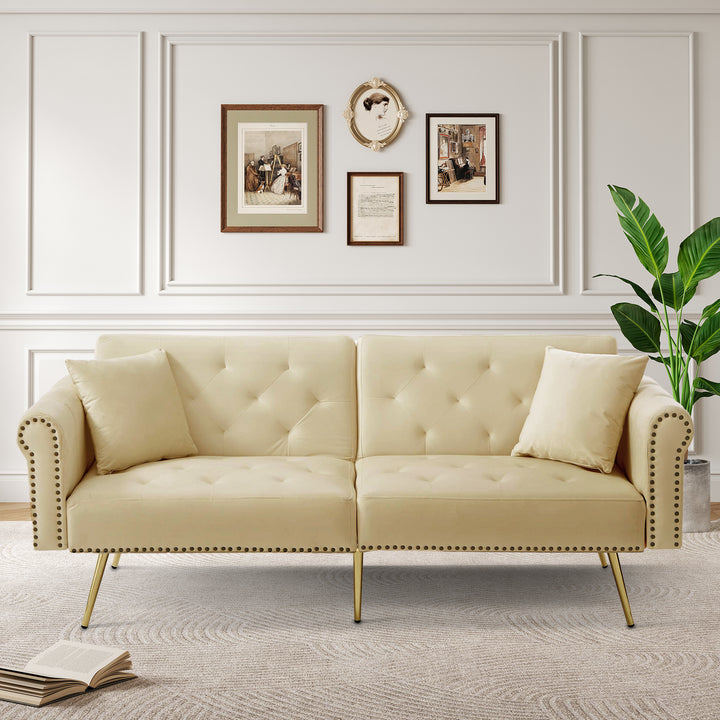 Modern upholstery velvet beige 2-seater sofa bed, adjustable backrest & gold-plated metal feet EUKARYOT