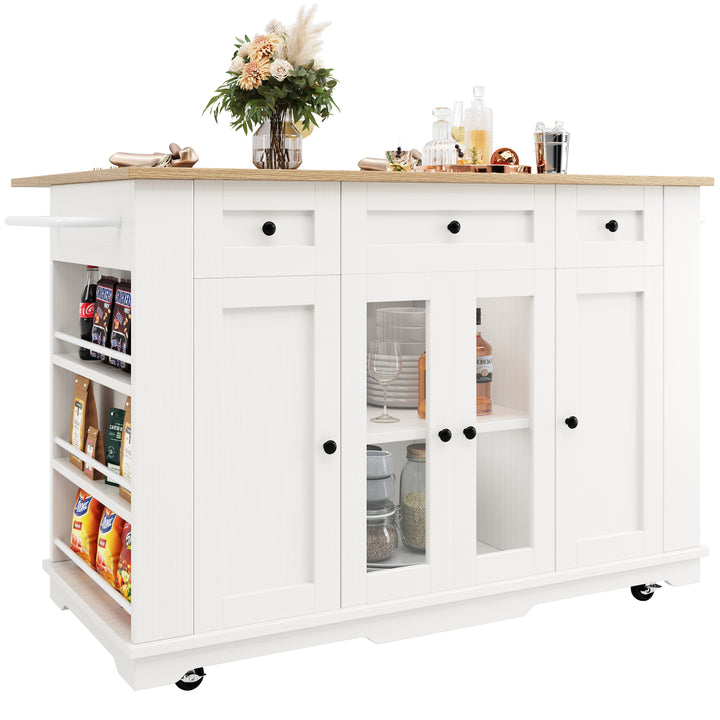 White kitchen Island trolley wood-grain look, tempered glass cabinet BEEGLUE