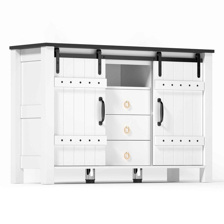 00+Sideboard Cabinet 120cm White with Sliding Doors & 3 Drawers, Rustic Storage Buffet for Kitchen VERTEXLYNX