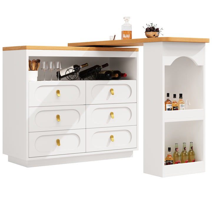 White 360° rotating extendable bar table with 6-drawer storage SYCAMOREBALL