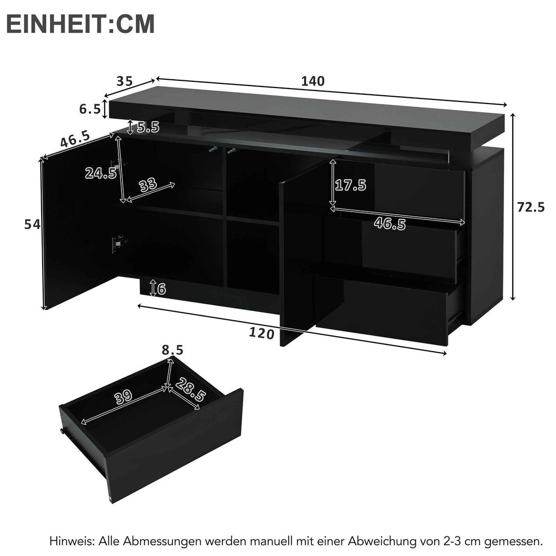 Black high gloss sideboard with LED lights with 2 doors & 3 drawers INFINITECLARITYY