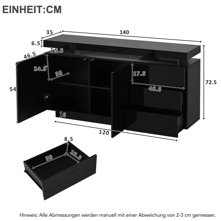Black high gloss sideboard with LED lights with 2 doors & 3 drawers INFINITECLARITYY