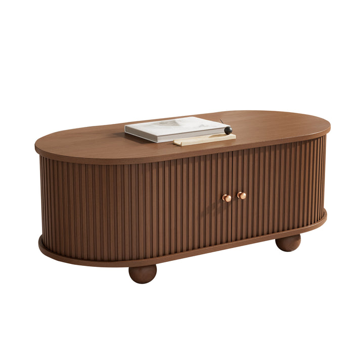 Retro wooden look oval coffee table with 2 sliding storage doors CUNEIFORMWEDGE