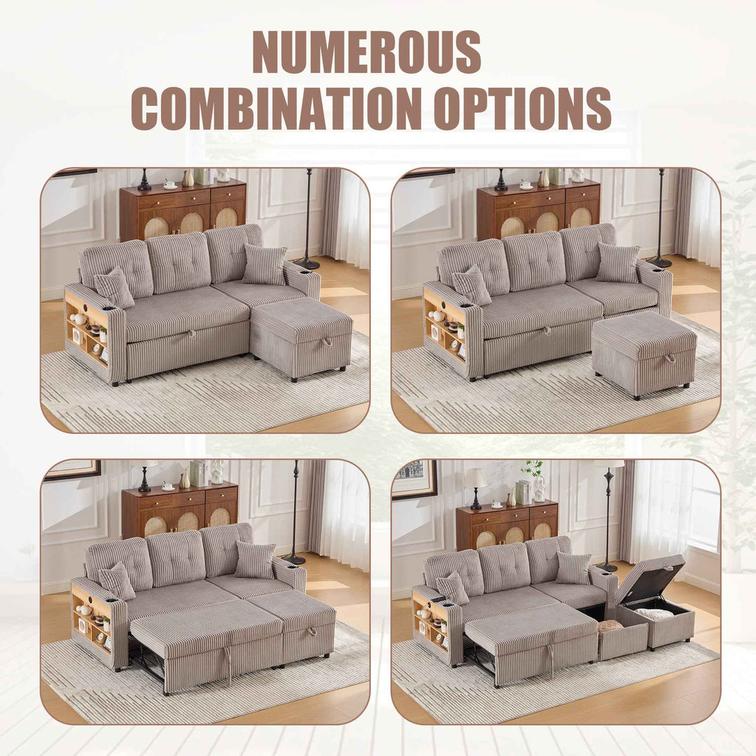 00+缺图 Sofa Bed Light Grey Corduroy 196 cm, Pull-Out Guest Bed with Storage VANITYAIR
