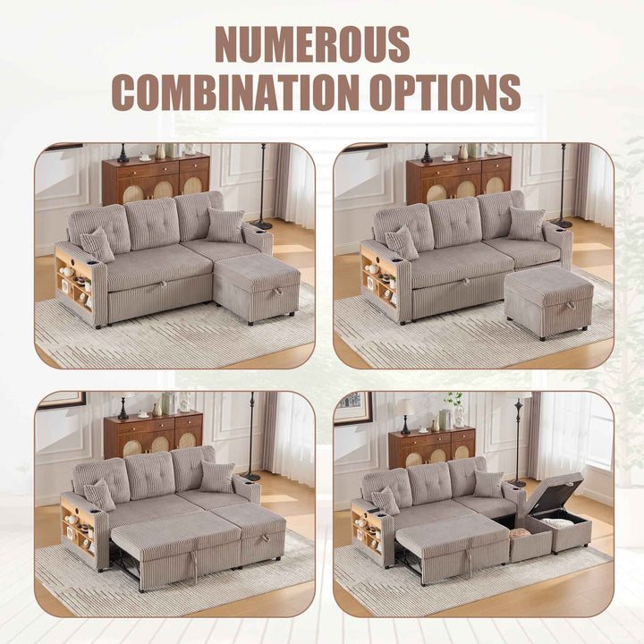 00+缺图 Sofa Bed Light Grey Corduroy 196 cm, Pull-Out Guest Bed with Storage VANITYAIR