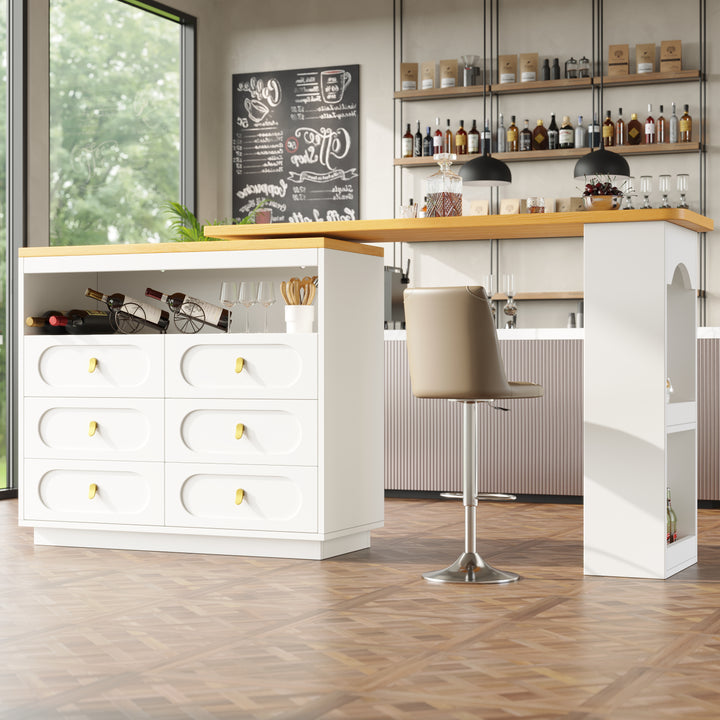 White 360° rotating extendable bar table with 6-drawer storage SYCAMOREBALL