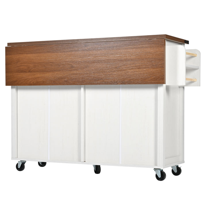White farmhouse style rolling kitchen island with fold-out top and racks SALTMARSH