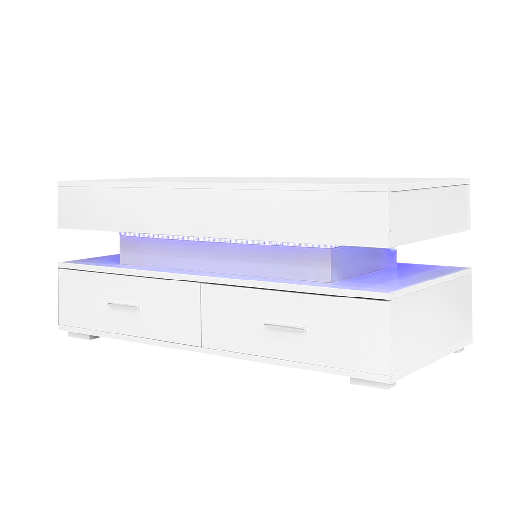 White lift-top coffee table with LED lighting and 2 drawers 100×50×44cm CYBERSPACE