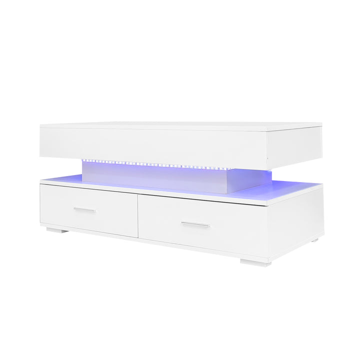 White lift-top coffee table with LED lighting and 2 drawers 100×50×44cm CYBERSPACE