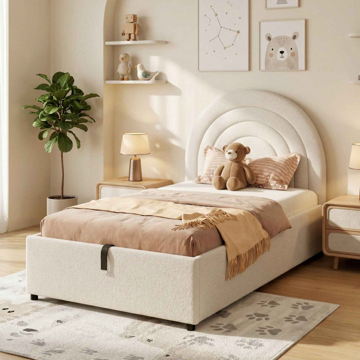 00+Single Upholstered Bed 3ft 90x190cm Boucle Beige with Storage, for Kids & Adults MAPLE STOOL