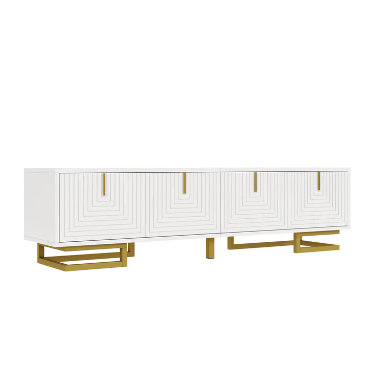 Modern luxury white TV stand textured geometric design with gold accents VIGOURE