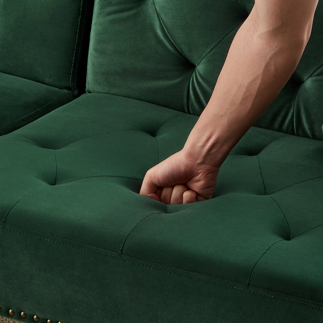Green velvet 2-seater sofa bed with adjustable backrest and gold legs CAKDERA