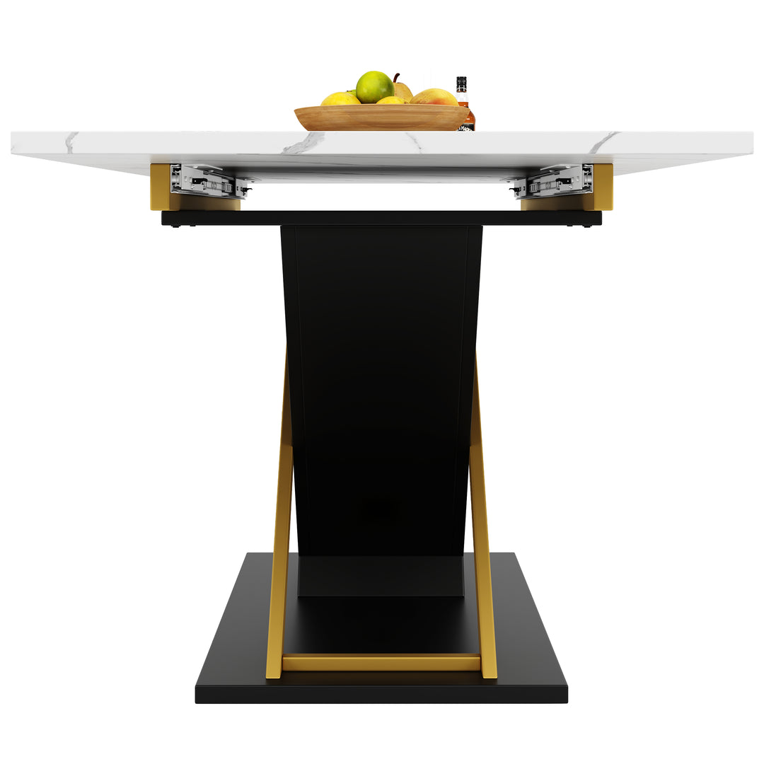 Extendable dining table 120–160 × 80 cm with marble-look top and golden cross legs COPPICEKNOLL