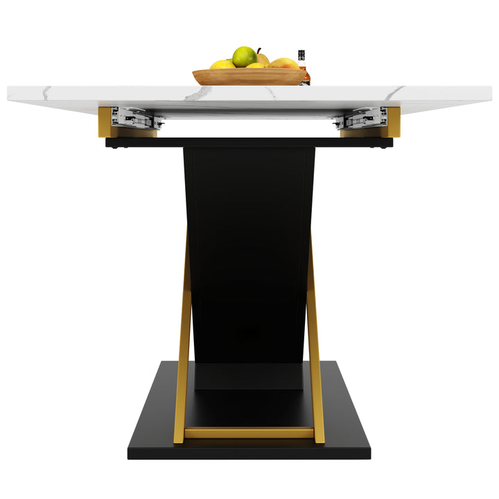 Extendable dining table 120–160 × 80 cm with marble-look top and golden cross legs COPPICEKNOLL