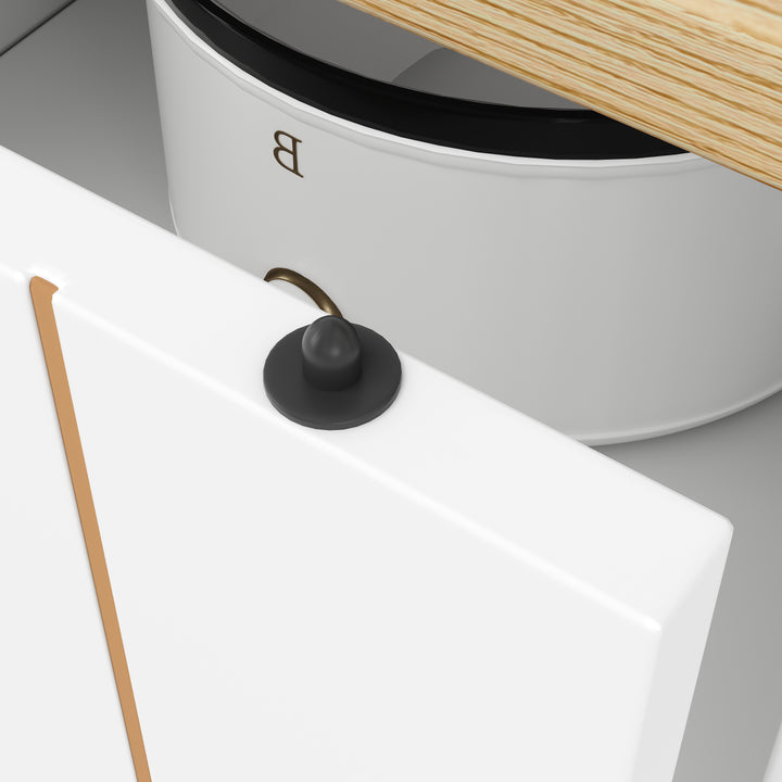 White wooden kitchen island trolley with sliding doors and fold-out worktop ASCENDAL