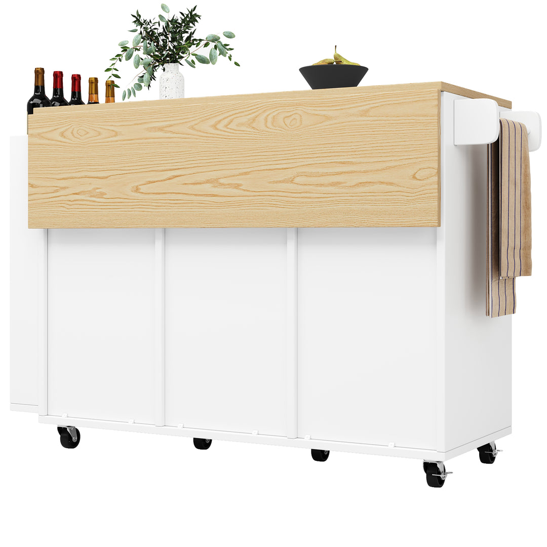 White wooden kitchen island trolley with sliding doors and fold-out worktop ASCENDAL
