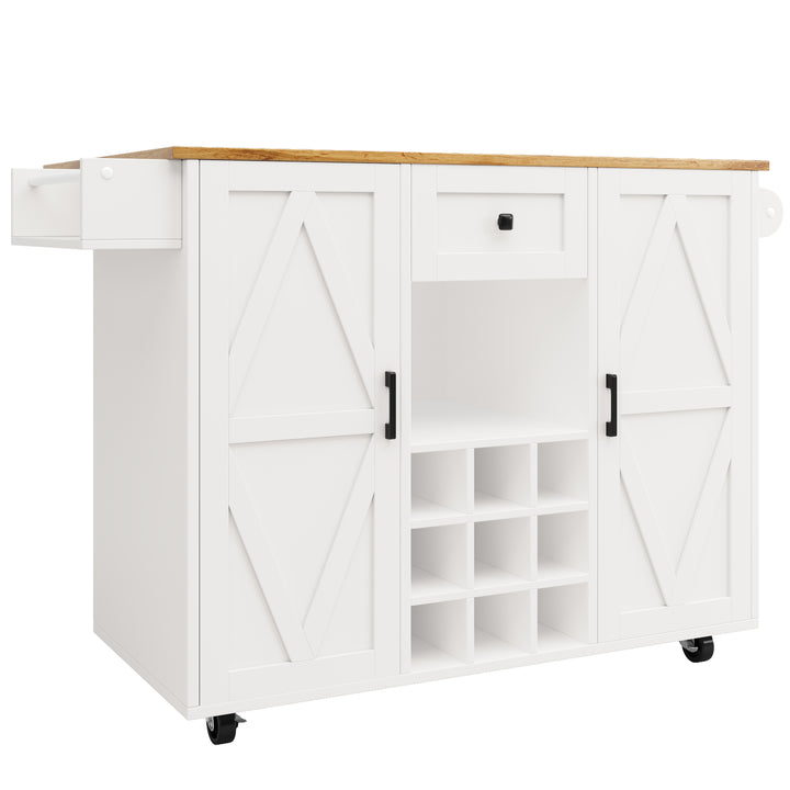 White rolling kitchen island with wood top, wine rack, and spice rack RADIALLINE