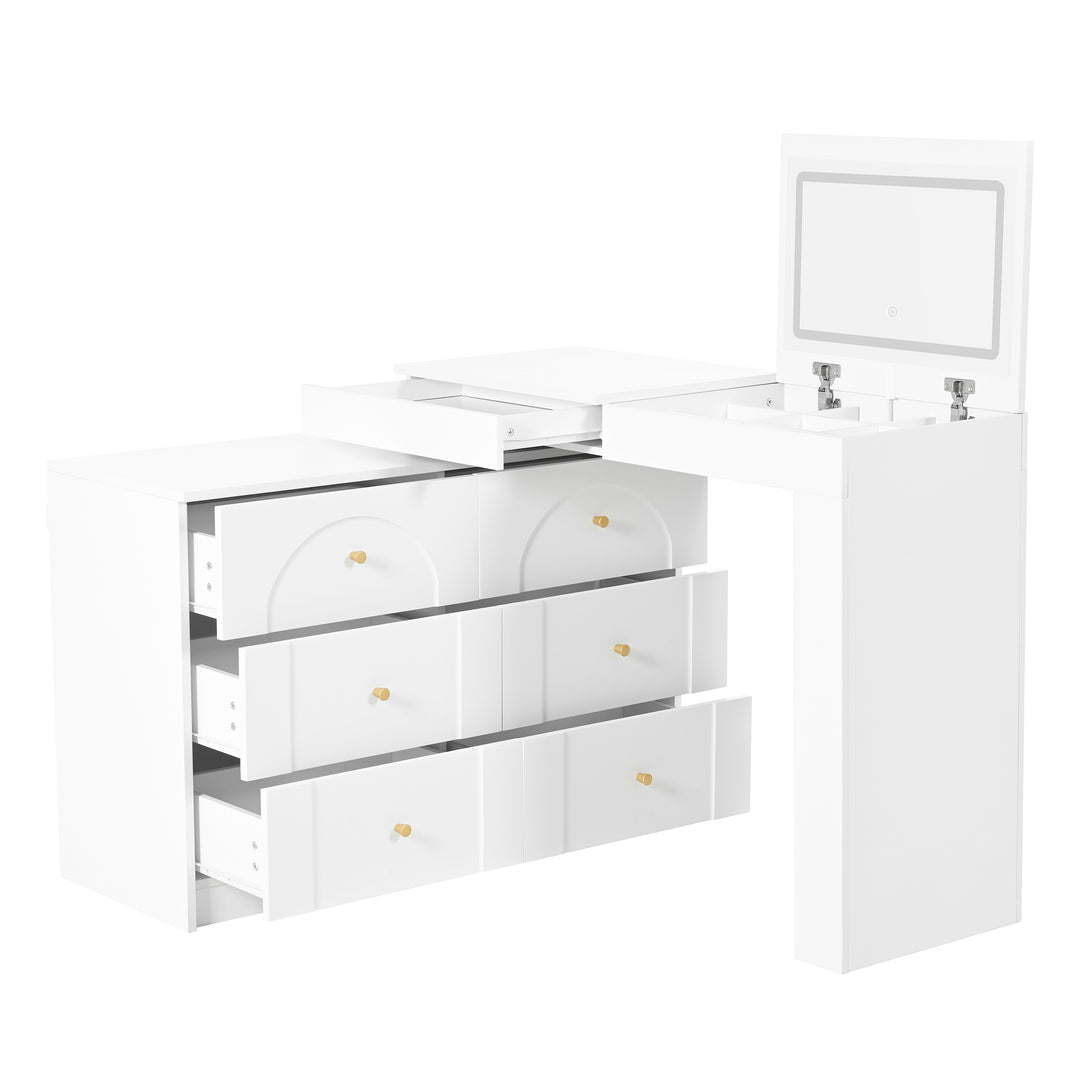 White L-shaped rotating vanity desk with LED mirror makeup table ELEGANT THROW HOME