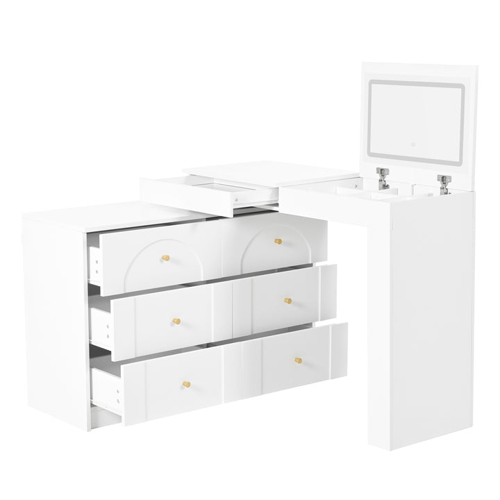 White L-shaped rotating vanity desk with LED mirror makeup table ELEGANT THROW HOME