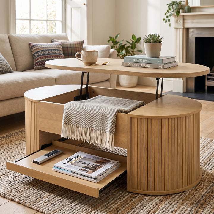 Light wooden oval lift-top coffee table with hidden storage and tray, rounded fluted design CONCRETEPILLOW