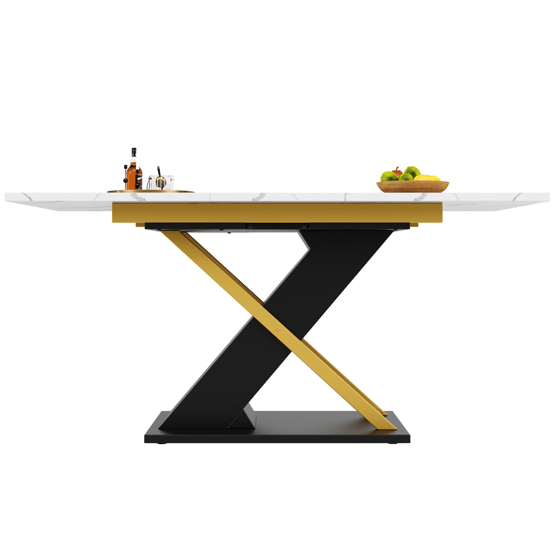 Extendable dining table 120–160 × 80 cm with marble-look top and golden cross legs COPPICEKNOLL