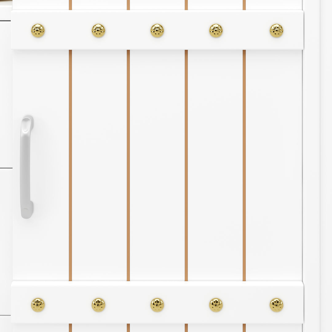 White wooden kitchen island trolley with sliding doors and fold-out worktop ASCENDAL